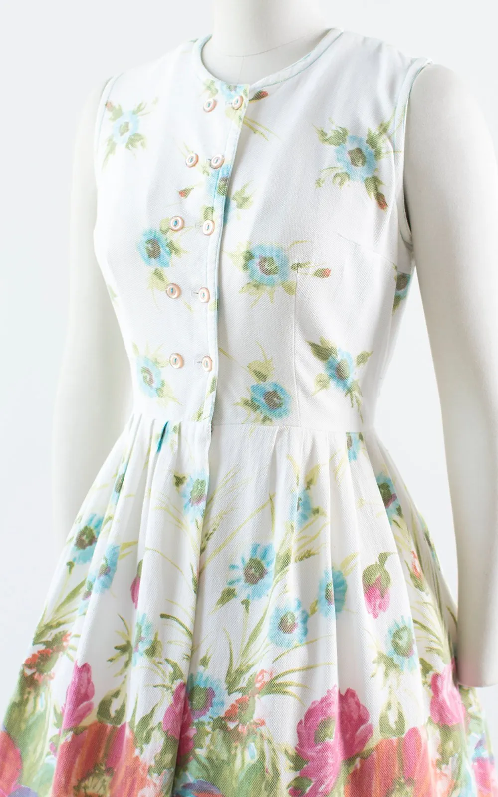 1950s Floral Border Print Cotton Shirt Dress | medium