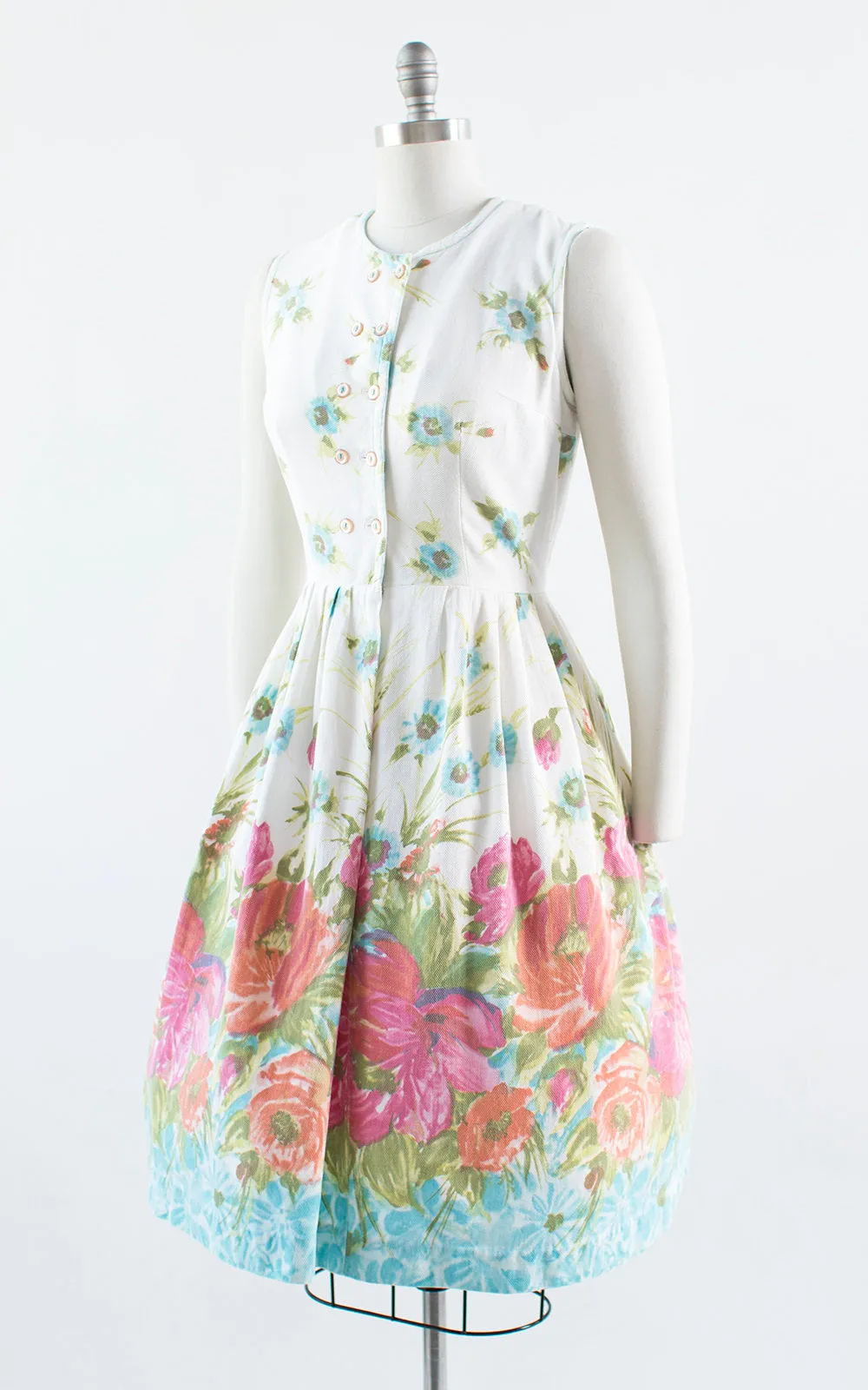 1950s Floral Border Print Cotton Shirt Dress | medium
