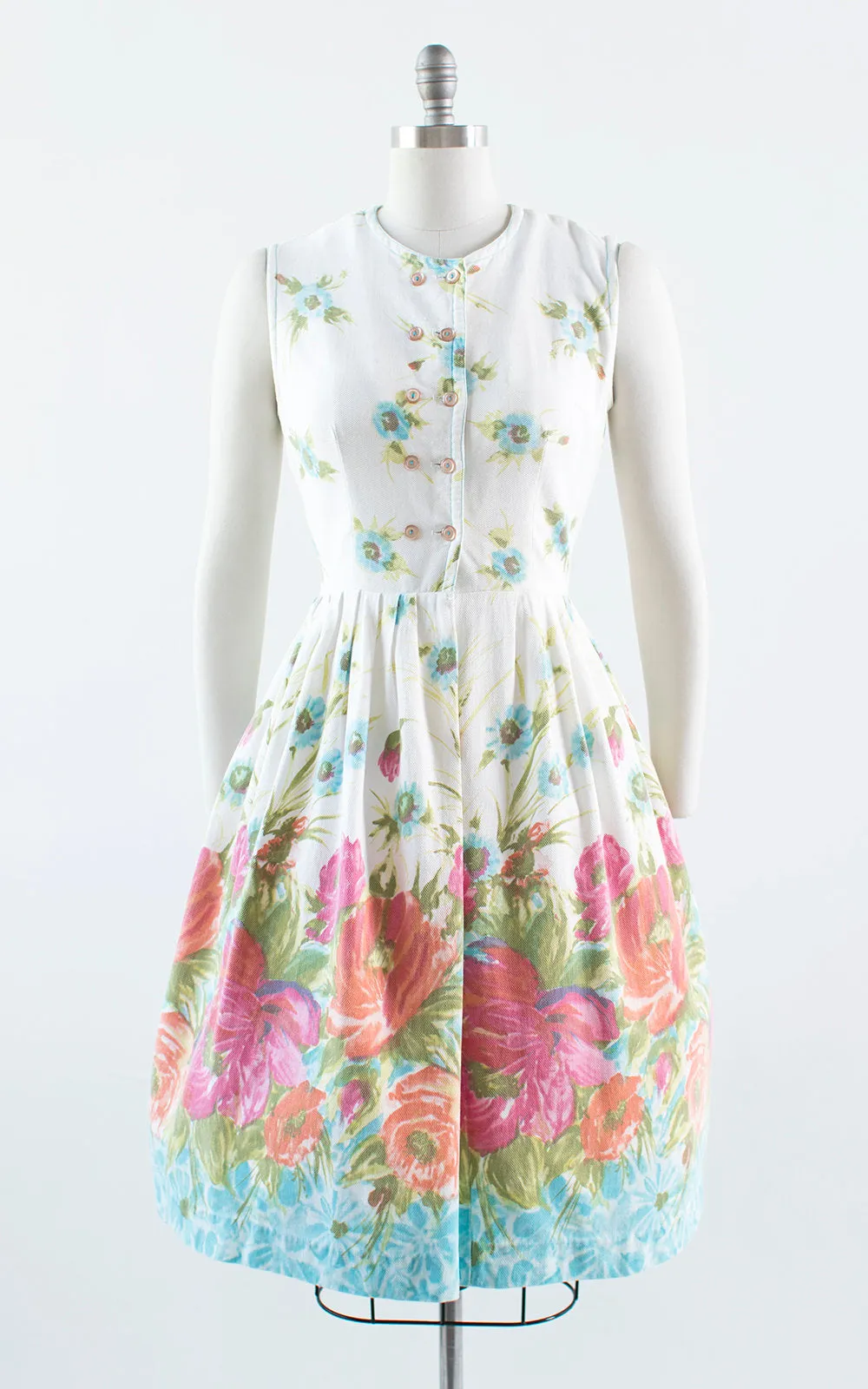 1950s Floral Border Print Cotton Shirt Dress | medium