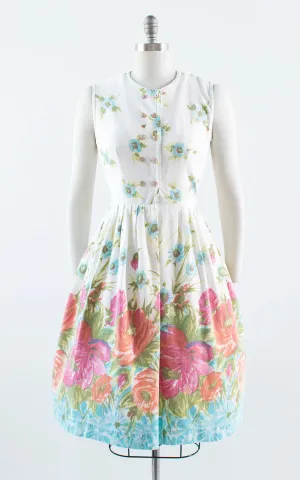 1950s Floral Border Print Cotton Shirt Dress | medium