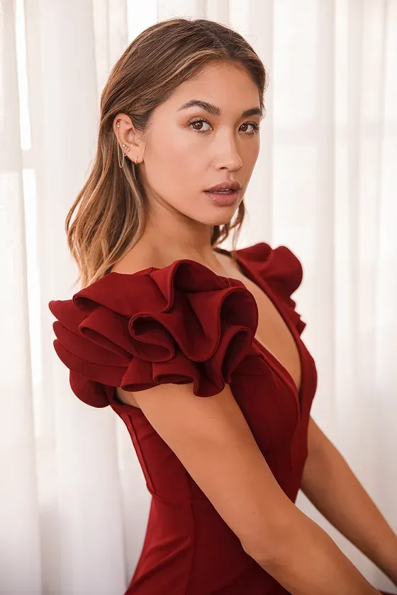 Alethea Wine Red Ruffled Mermaid Maxi Dress