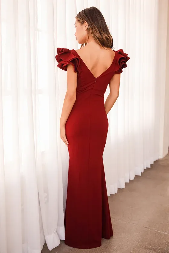 Alethea Wine Red Ruffled Mermaid Maxi Dress