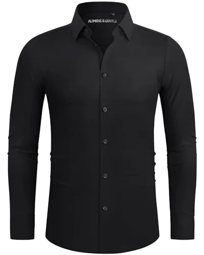 Alimens & Gentle Men's Dress Shirts 16-Way Stretch Slim Fit Long Sleeve Button Down Shirts Wrinkle Free Traveler Shirts Olive