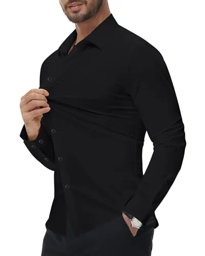 Alimens & Gentle Men's Dress Shirts 16-Way Stretch Slim Fit Long Sleeve Button Down Shirts Wrinkle Free Traveler Shirts Olive
