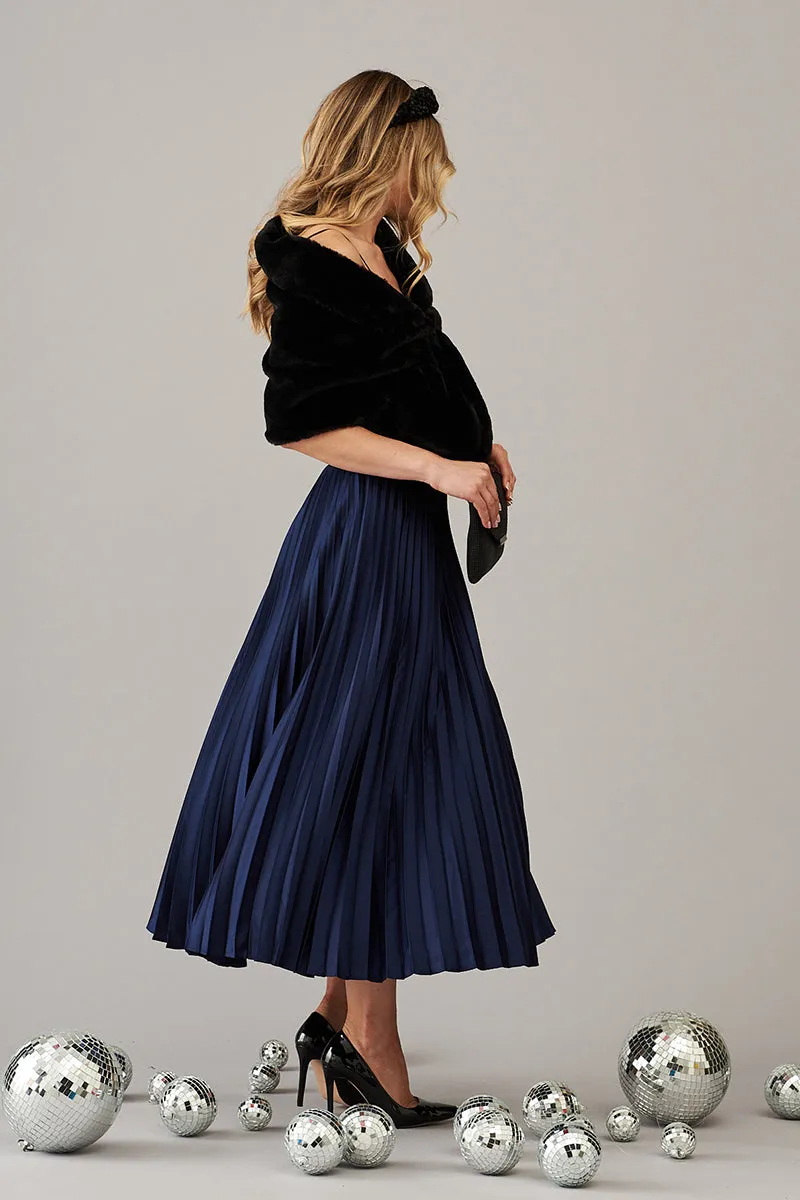 Allison Midi Pleat Skirt In Navy Satin