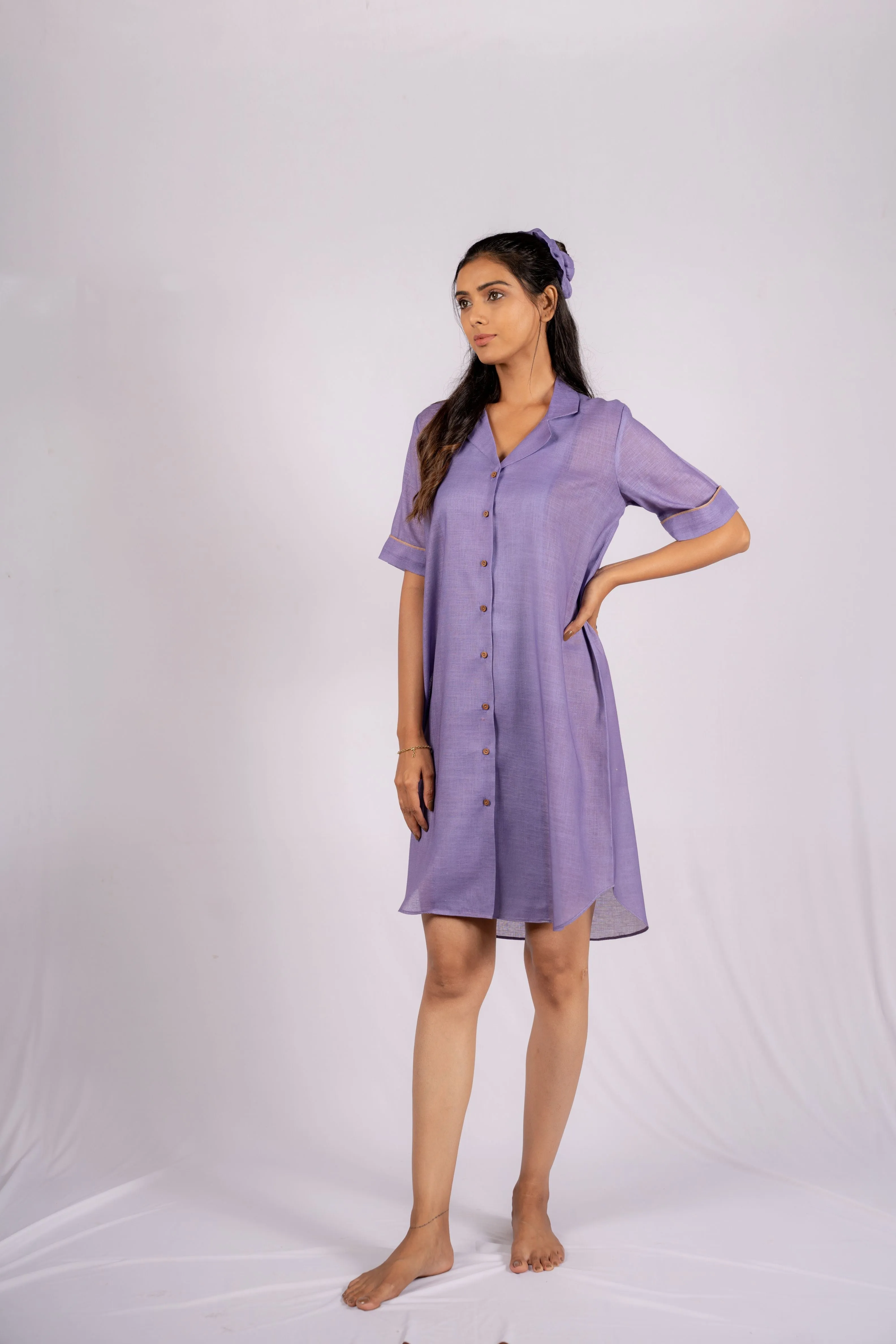 Amethyst Violet Linen Shirt Dress with Wooden Buttons