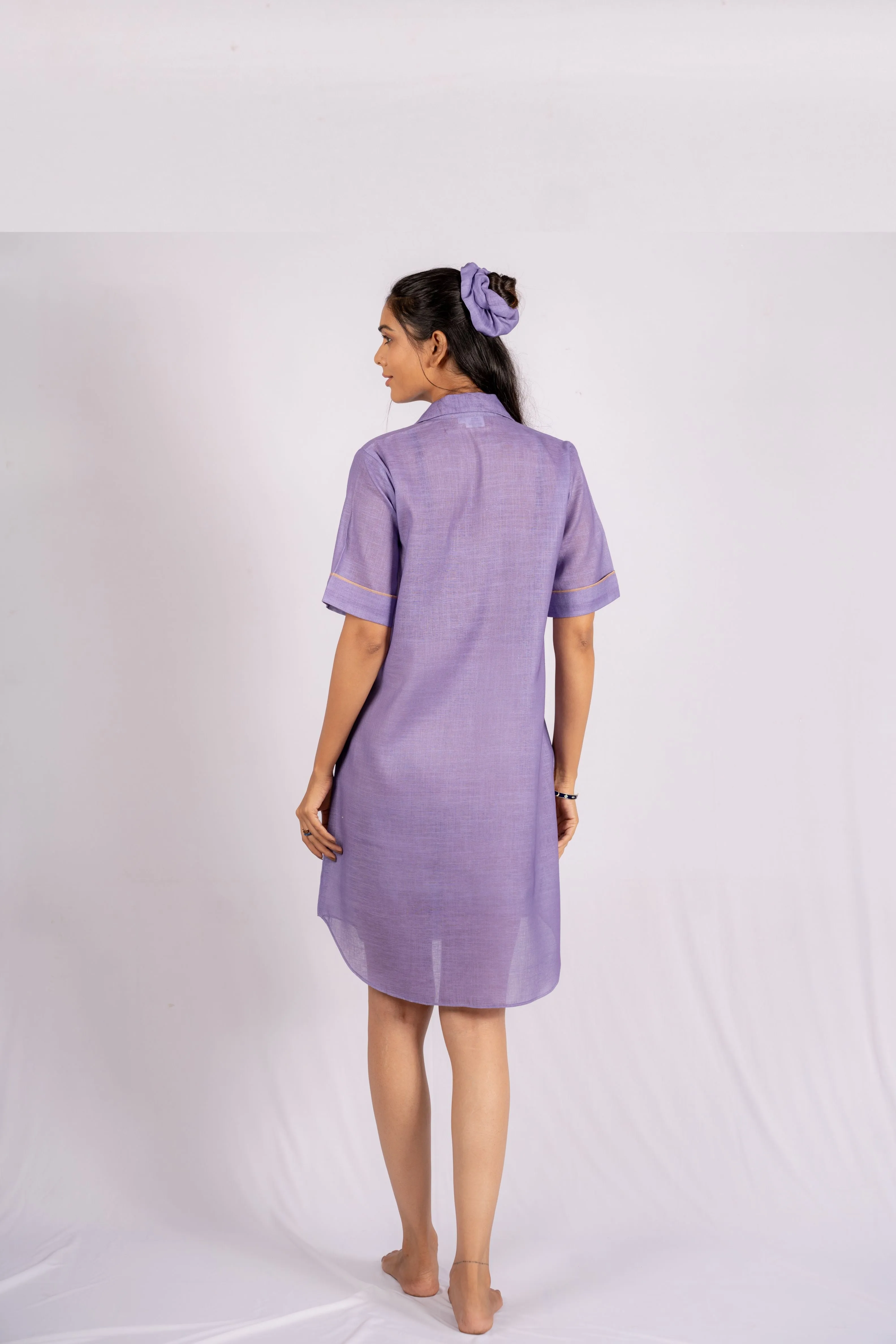 Amethyst Violet Linen Shirt Dress with Wooden Buttons
