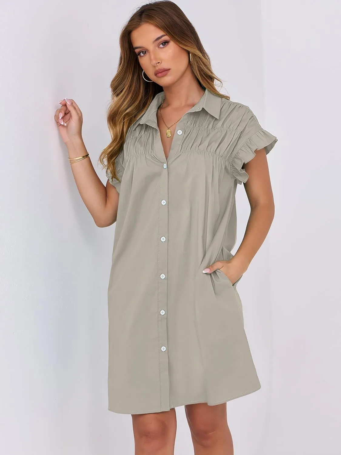ANRABESS Womens Summer Button Down Shirt Dress Ruffle Short Sleeve Mini Dresses Loose Fit Casual Sundress with Pockets