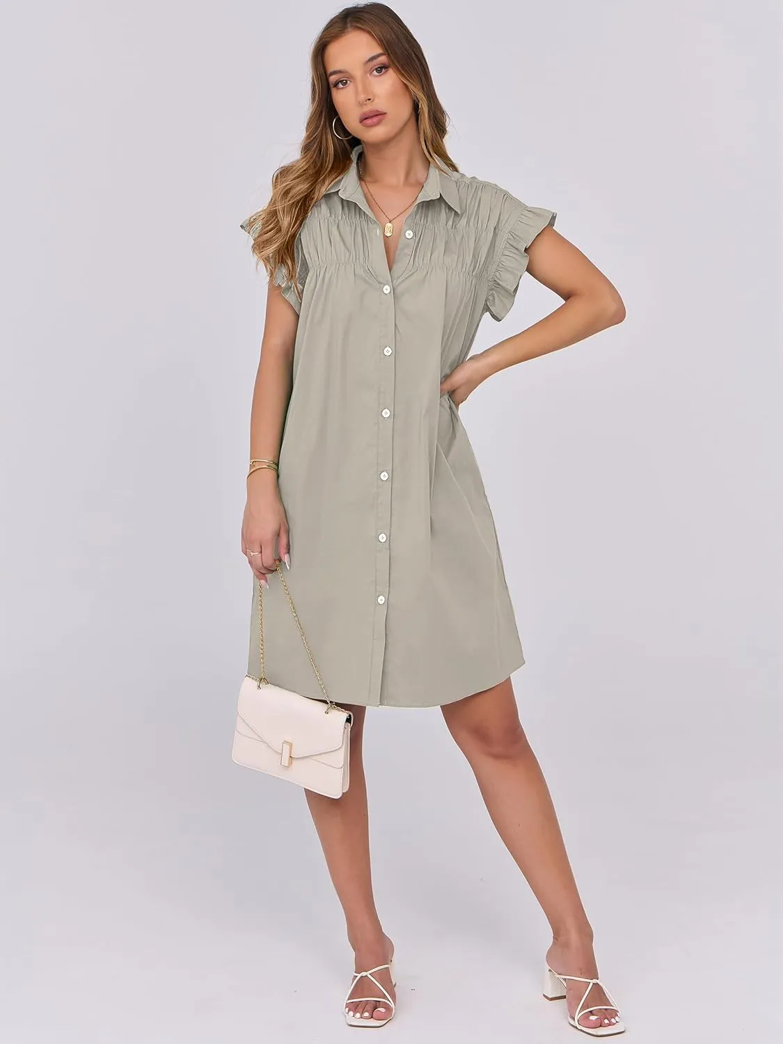 ANRABESS Womens Summer Button Down Shirt Dress Ruffle Short Sleeve Mini Dresses Loose Fit Casual Sundress with Pockets