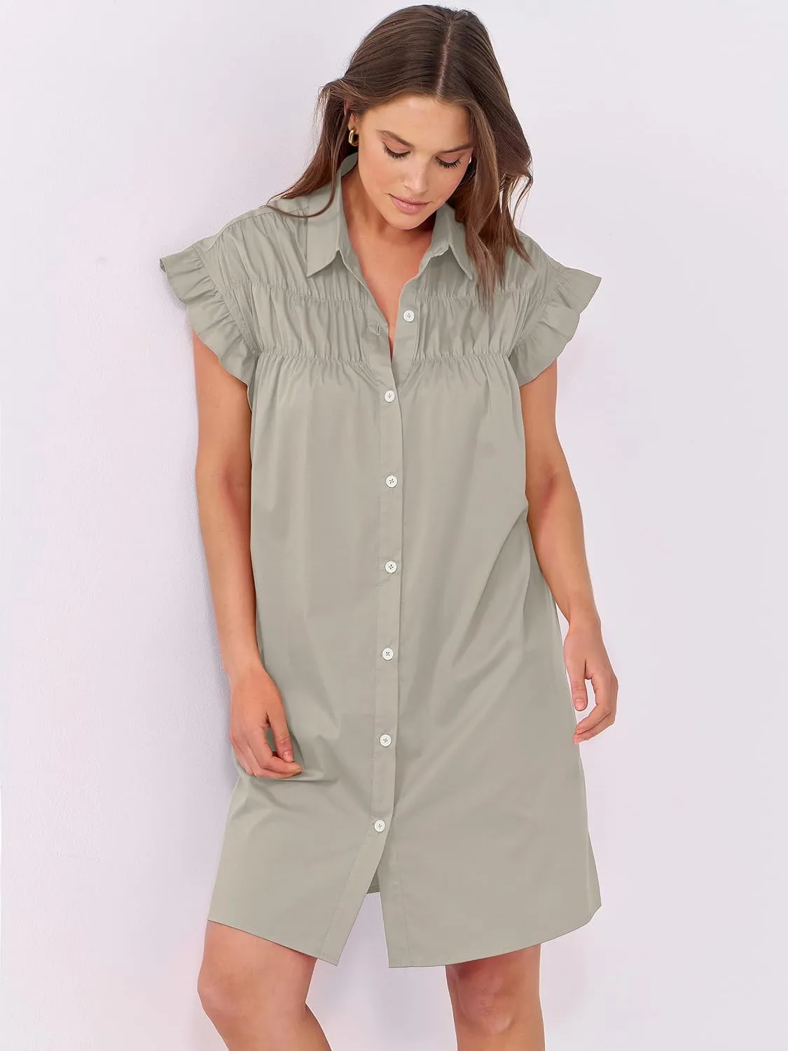 ANRABESS Womens Summer Button Down Shirt Dress Ruffle Short Sleeve Mini Dresses Loose Fit Casual Sundress with Pockets