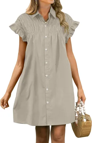 ANRABESS Womens Summer Button Down Shirt Dress Ruffle Short Sleeve Mini Dresses Loose Fit Casual Sundress with Pockets