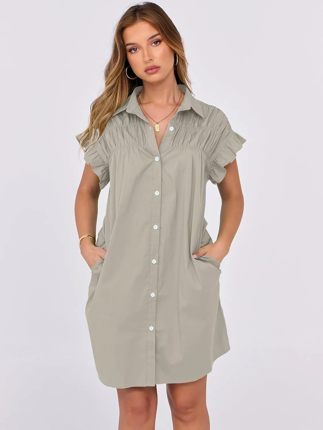 ANRABESS Womens Summer Button Down Shirt Dress Ruffle Short Sleeve Mini Dresses Loose Fit Casual Sundress with Pockets