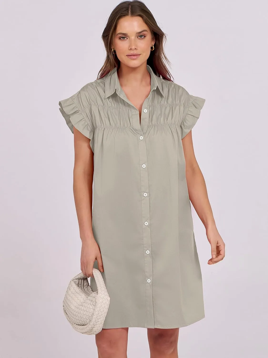 ANRABESS Womens Summer Button Down Shirt Dress Ruffle Short Sleeve Mini Dresses Loose Fit Casual Sundress with Pockets