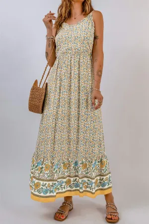 Apricot Floral Print Frill Detail Boho Maxi Dress