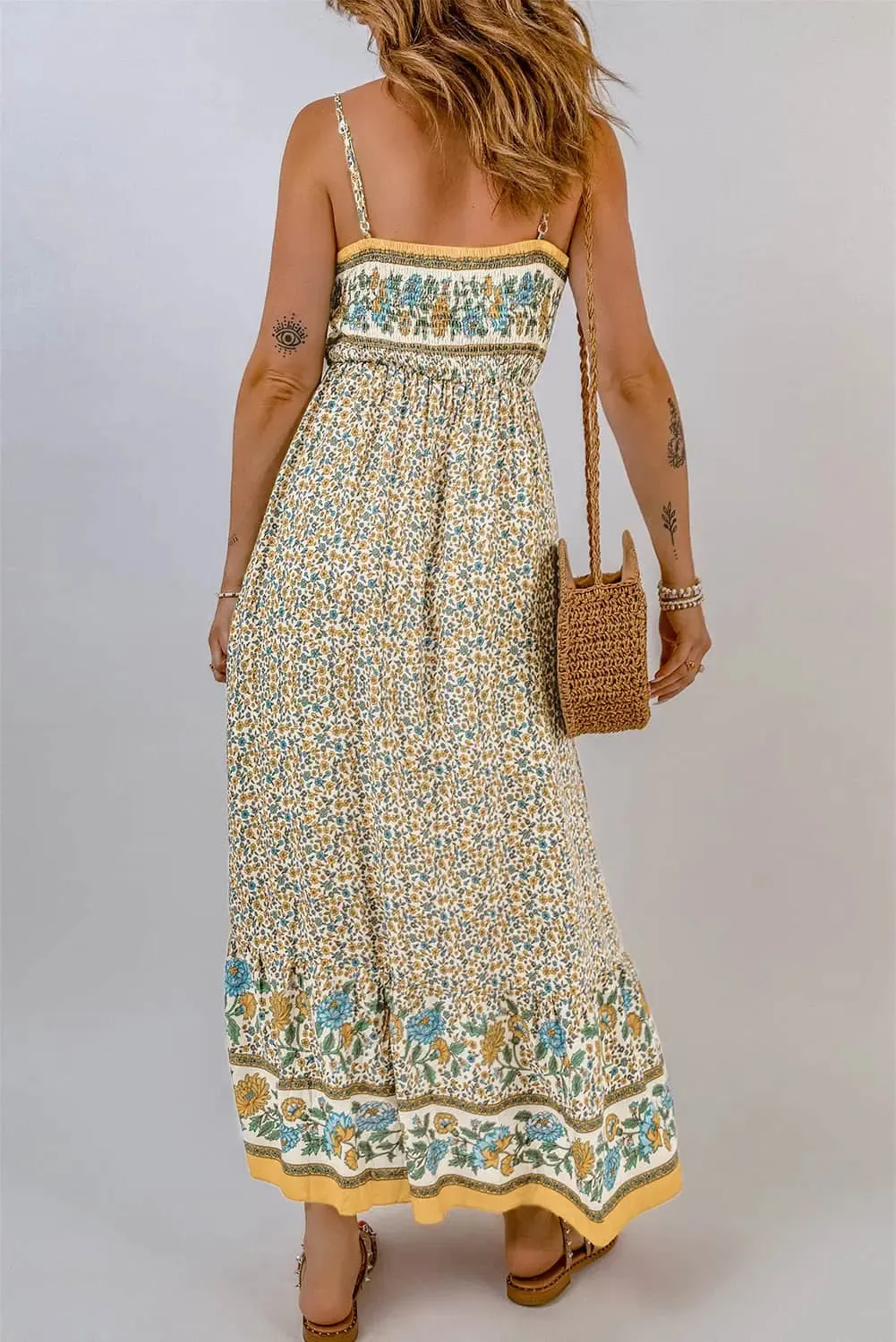 Apricot Floral Print Frill Detail Boho Maxi Dress