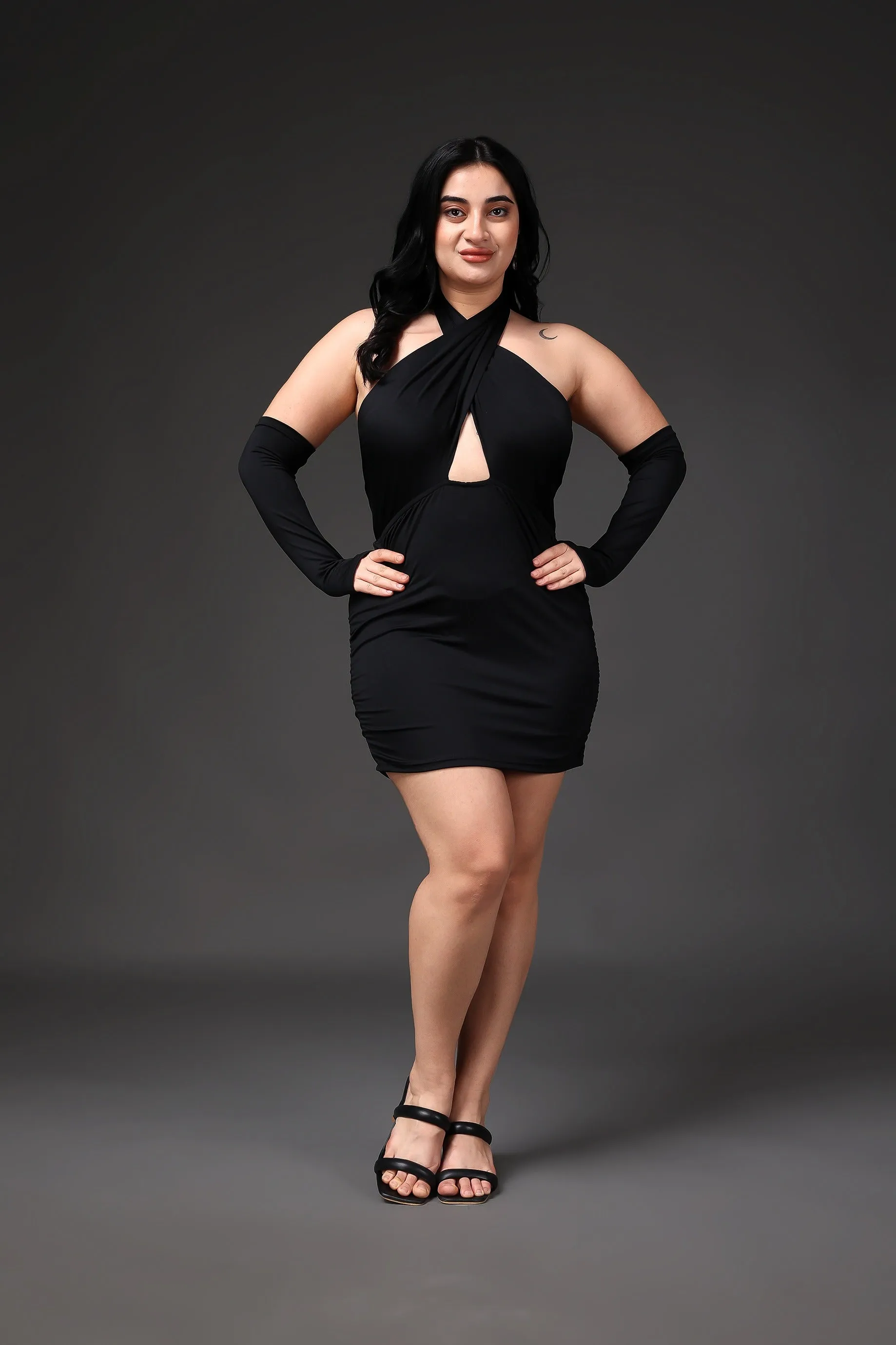 Black Solid Criss Cross Dress with Sleeves