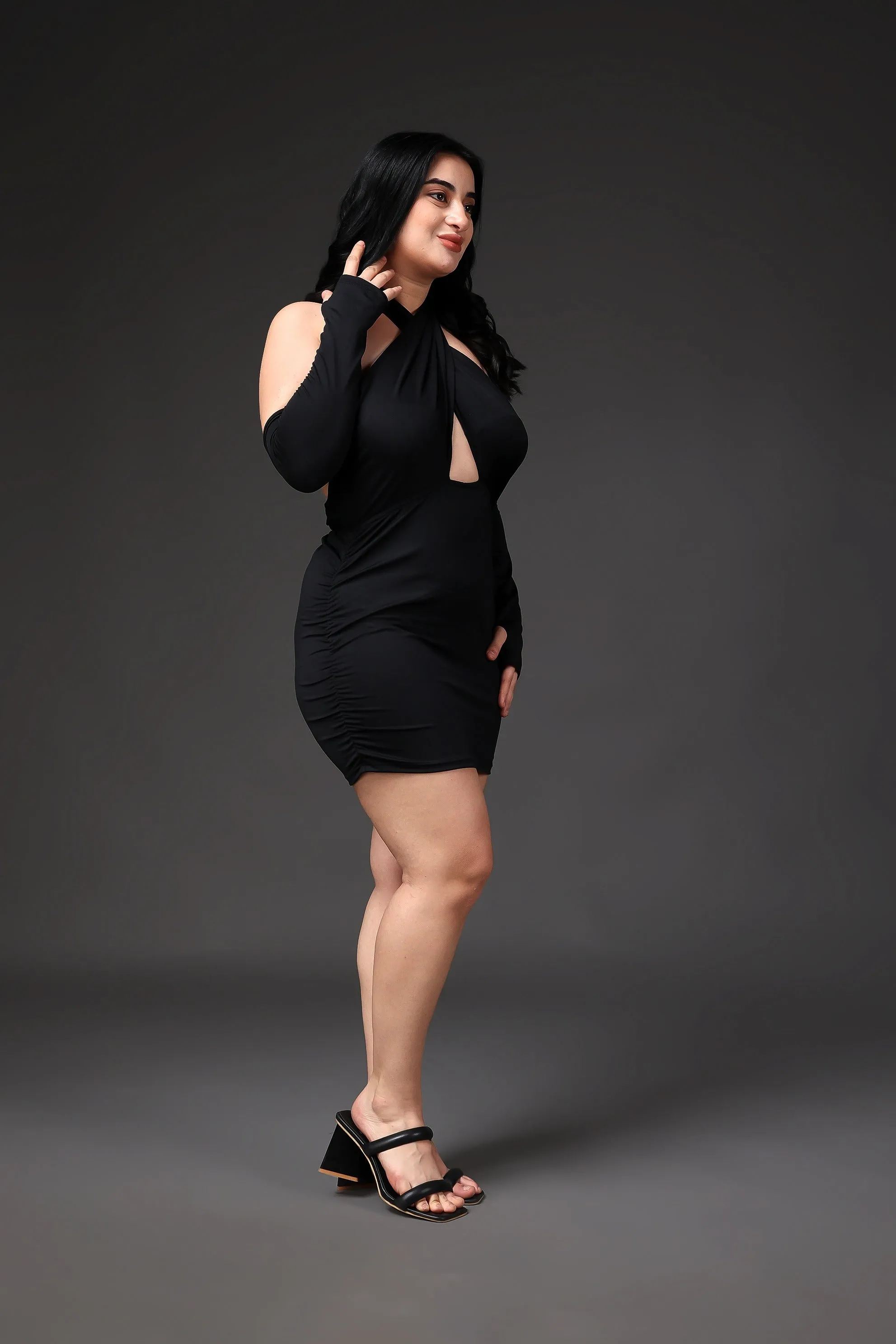 Black Solid Criss Cross Dress with Sleeves