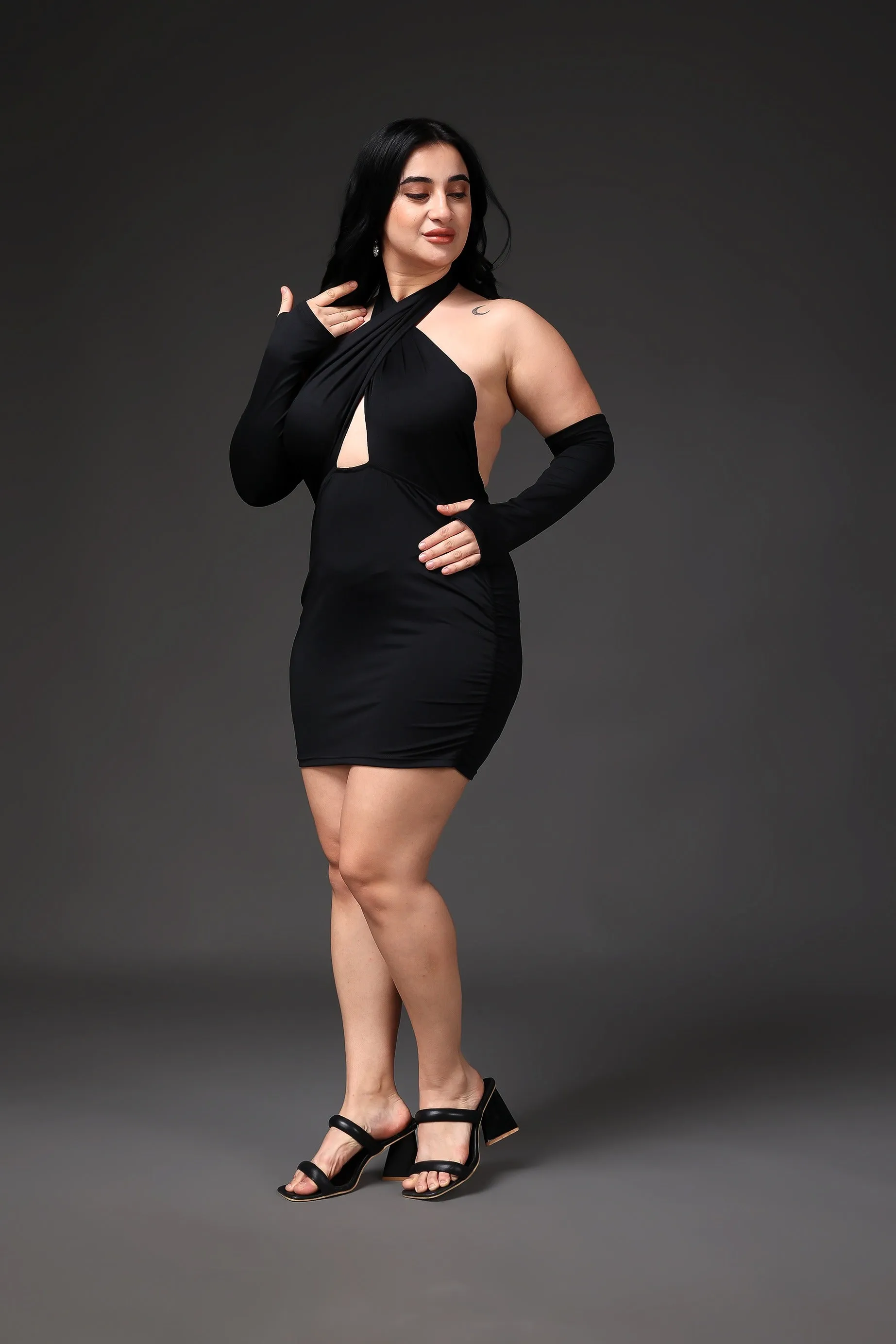Black Solid Criss Cross Dress with Sleeves