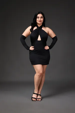 Black Solid Criss Cross Dress with Sleeves