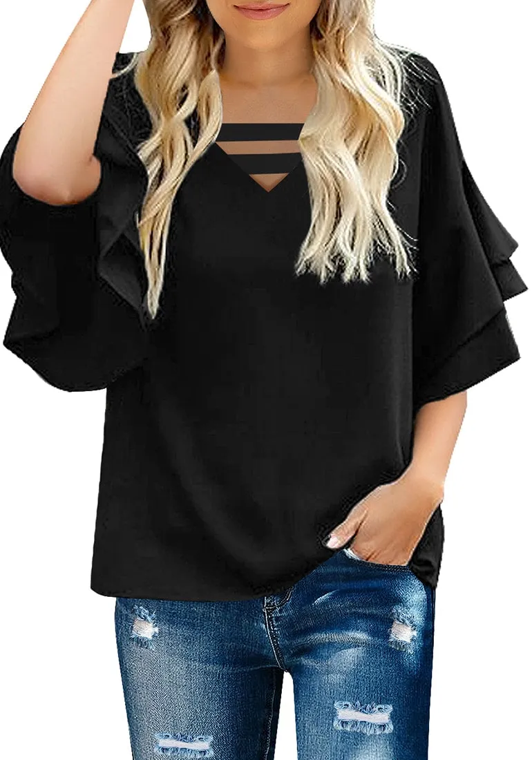 Black Trumpet Sleeves Strappy V-Neckline Loose Top