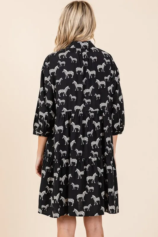 Black Zebra Print Button Down Shirt Mini Dress