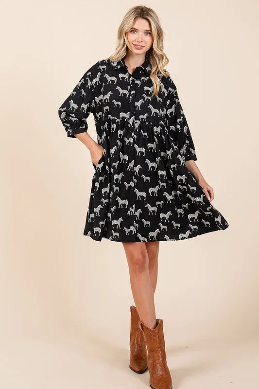 Black Zebra Print Button Down Shirt Mini Dress