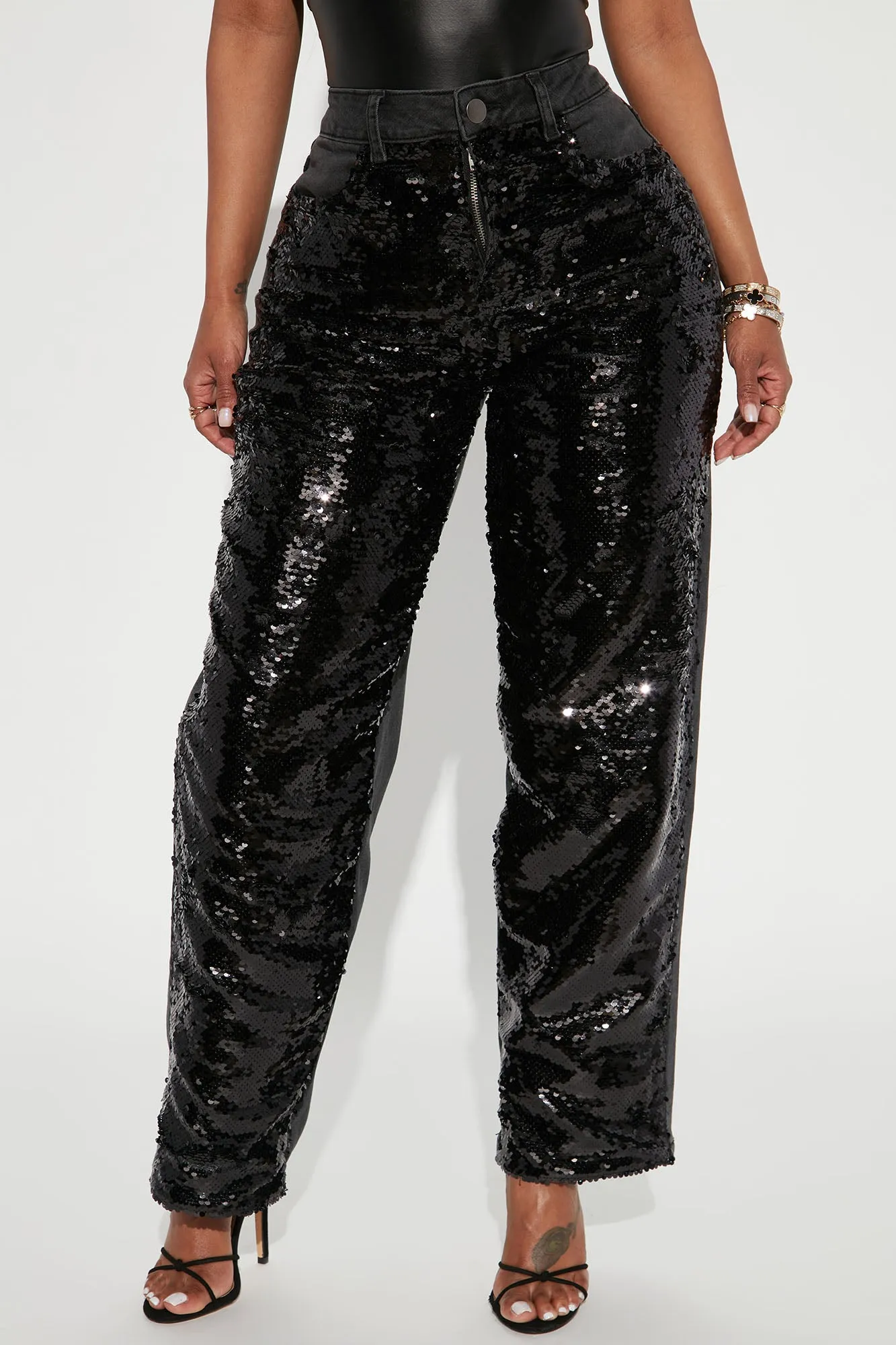 Blackout Sequin Straight Leg Jeans - Black/Black