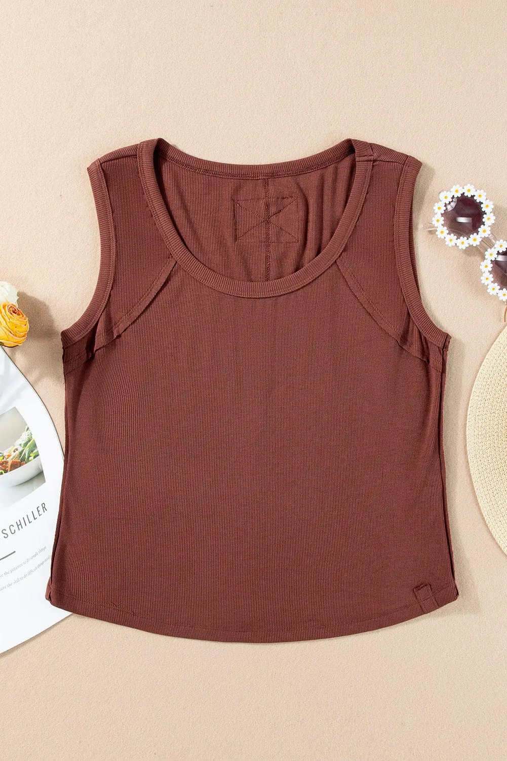 Caffeine Ribbed Sleeveless U-Neck Tank Top