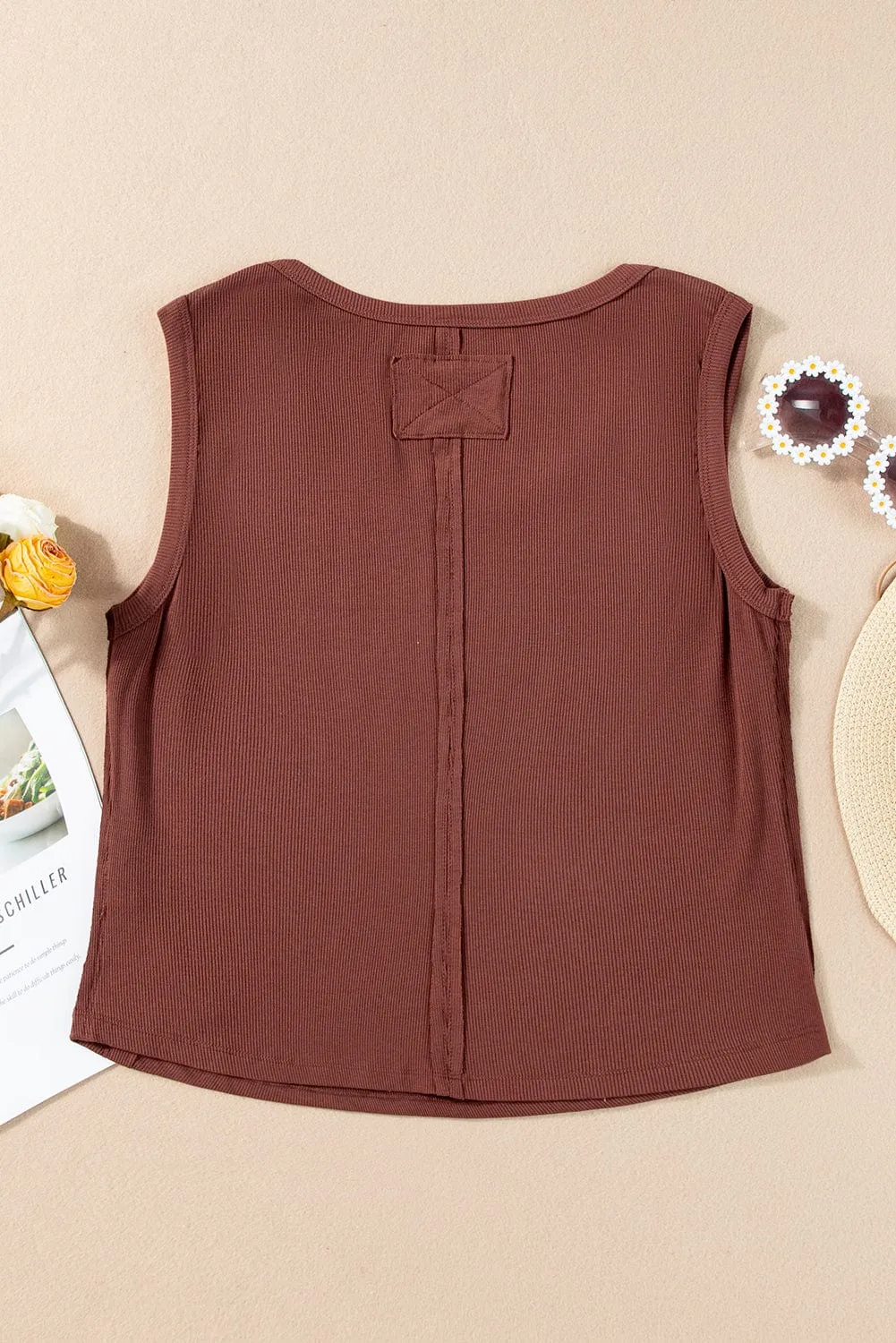 Caffeine Ribbed Sleeveless U-Neck Tank Top