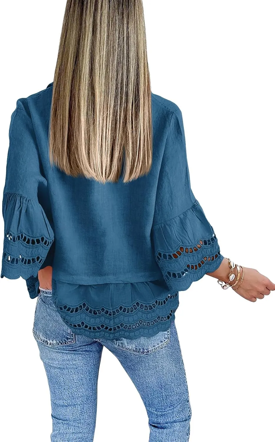 Cicy Bell Womens 3/4 Bell Sleeve Button Down Shirts Casual Ruffle Hem Tops Eyelet Blouse