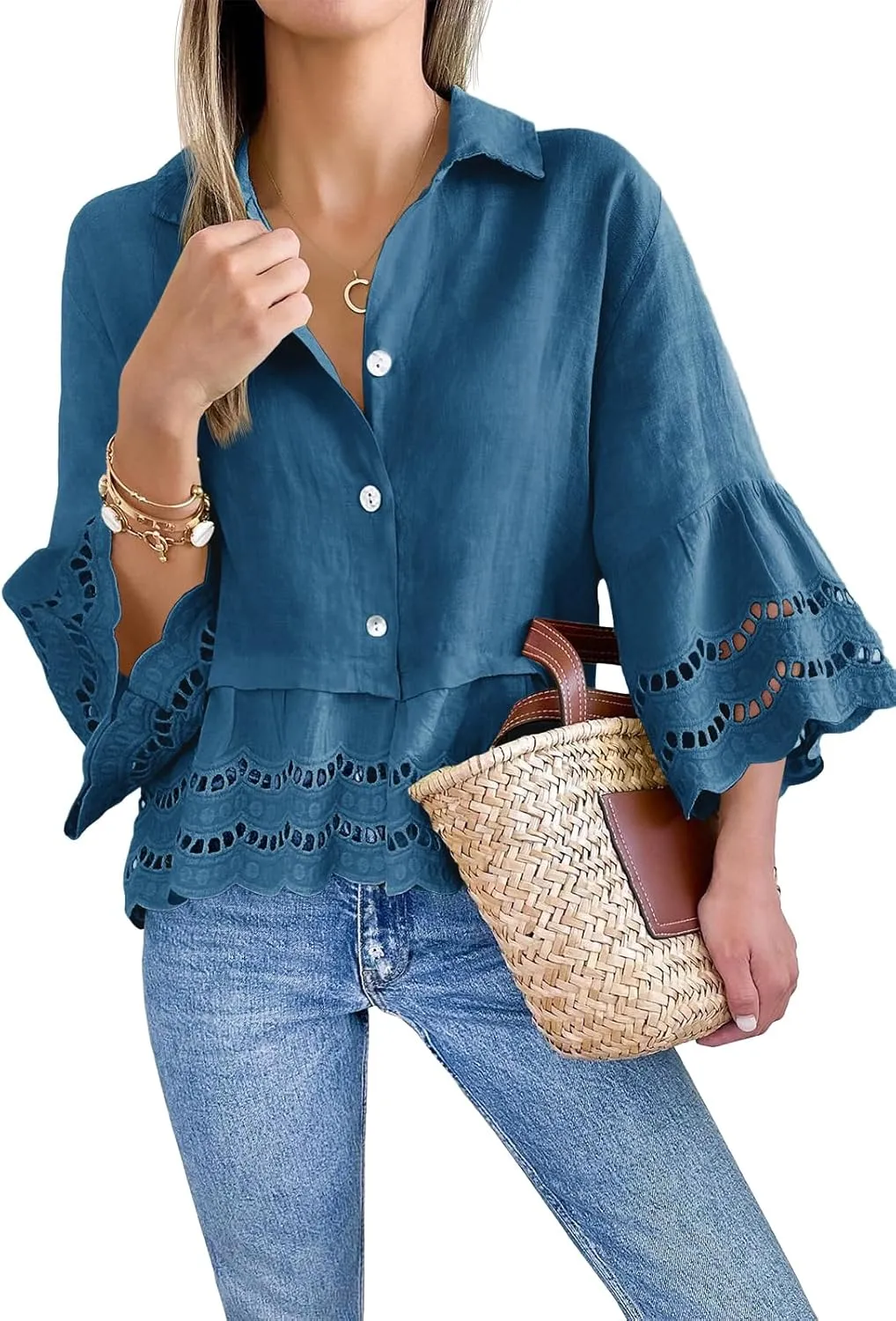Cicy Bell Womens 3/4 Bell Sleeve Button Down Shirts Casual Ruffle Hem Tops Eyelet Blouse