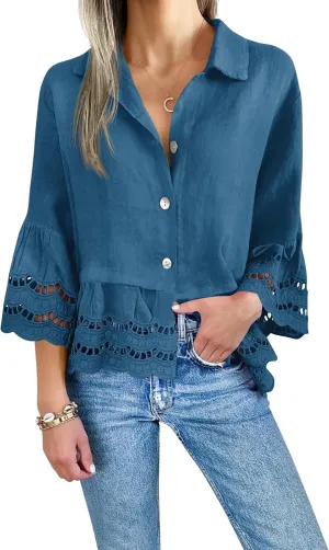 Cicy Bell Womens 3/4 Bell Sleeve Button Down Shirts Casual Ruffle Hem Tops Eyelet Blouse