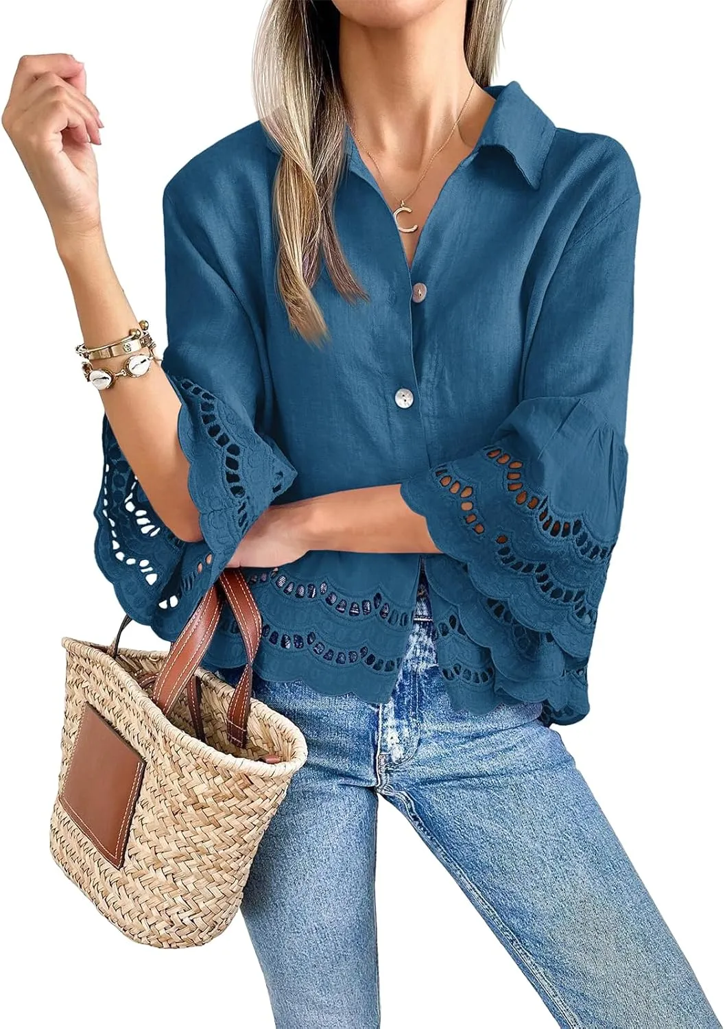 Cicy Bell Womens 3/4 Bell Sleeve Button Down Shirts Casual Ruffle Hem Tops Eyelet Blouse