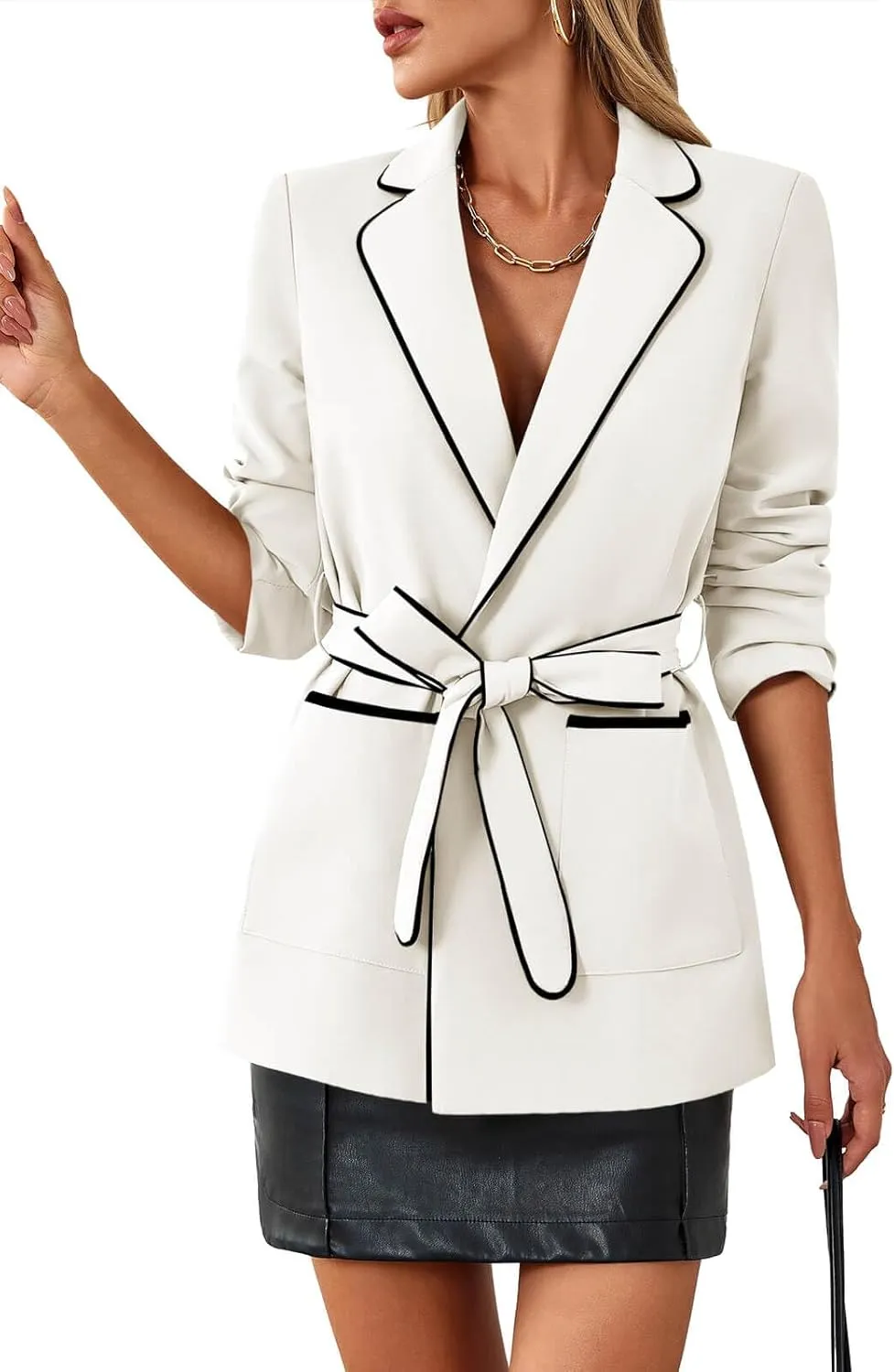 Cicy Bell Womens Belted Casual Blazer Long Sleeve Open Front Contrast Binding Suit Jackets Dressy Blouse Tops