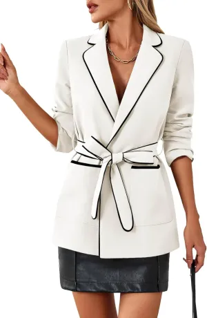 Cicy Bell Womens Belted Casual Blazer Long Sleeve Open Front Contrast Binding Suit Jackets Dressy Blouse Tops