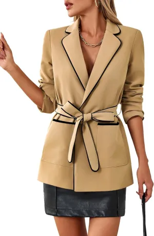 Cicy Bell Womens Belted Casual Blazer Long Sleeve Open Front Contrast Binding Suit Jackets Dressy Blouse Tops