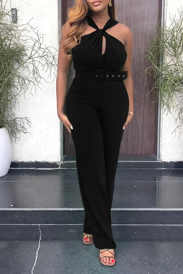 Cross Wrap Straight Leg Belted Jumpsuit