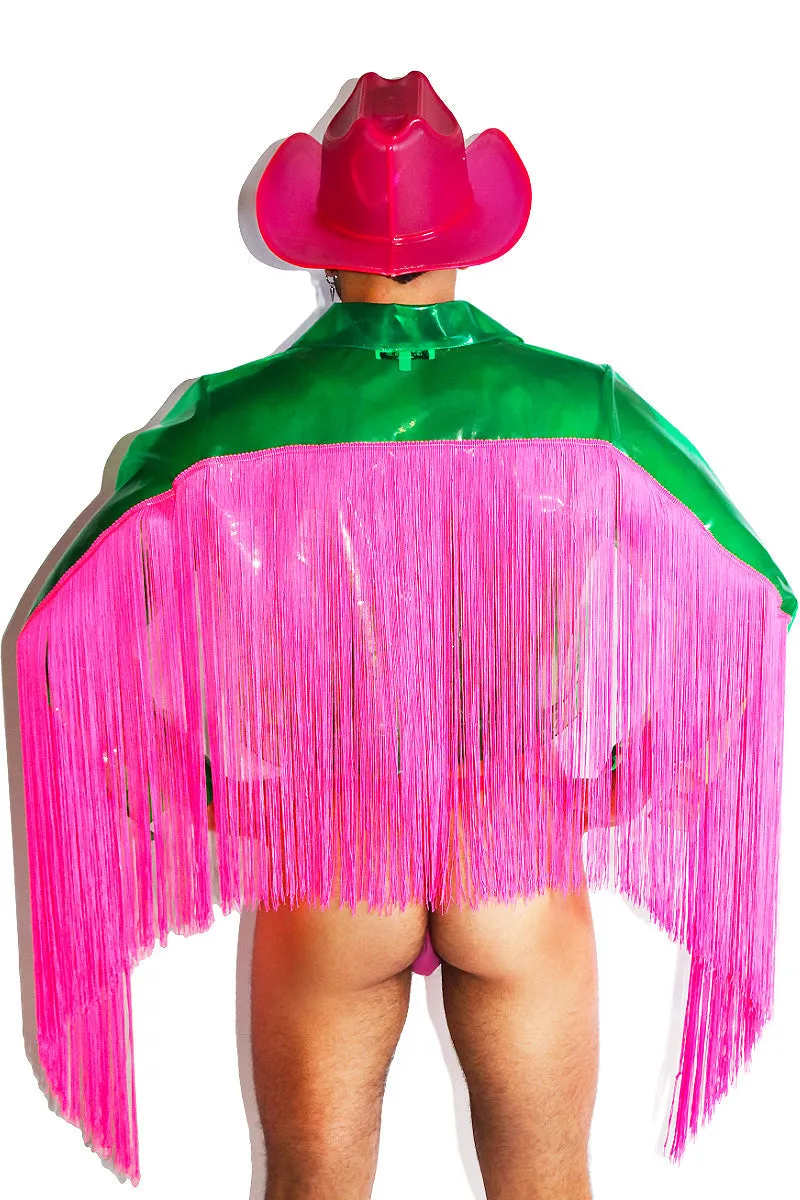 Electric Vinyl Fringe Western Crop Jacket-Green
