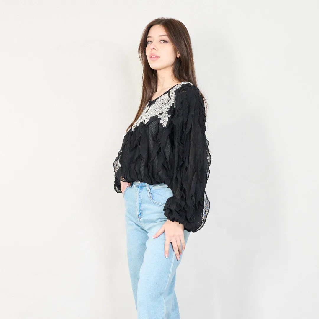 Embellished floral applique sheer blouse wholesale