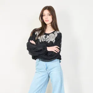 Embellished floral applique sheer blouse wholesale