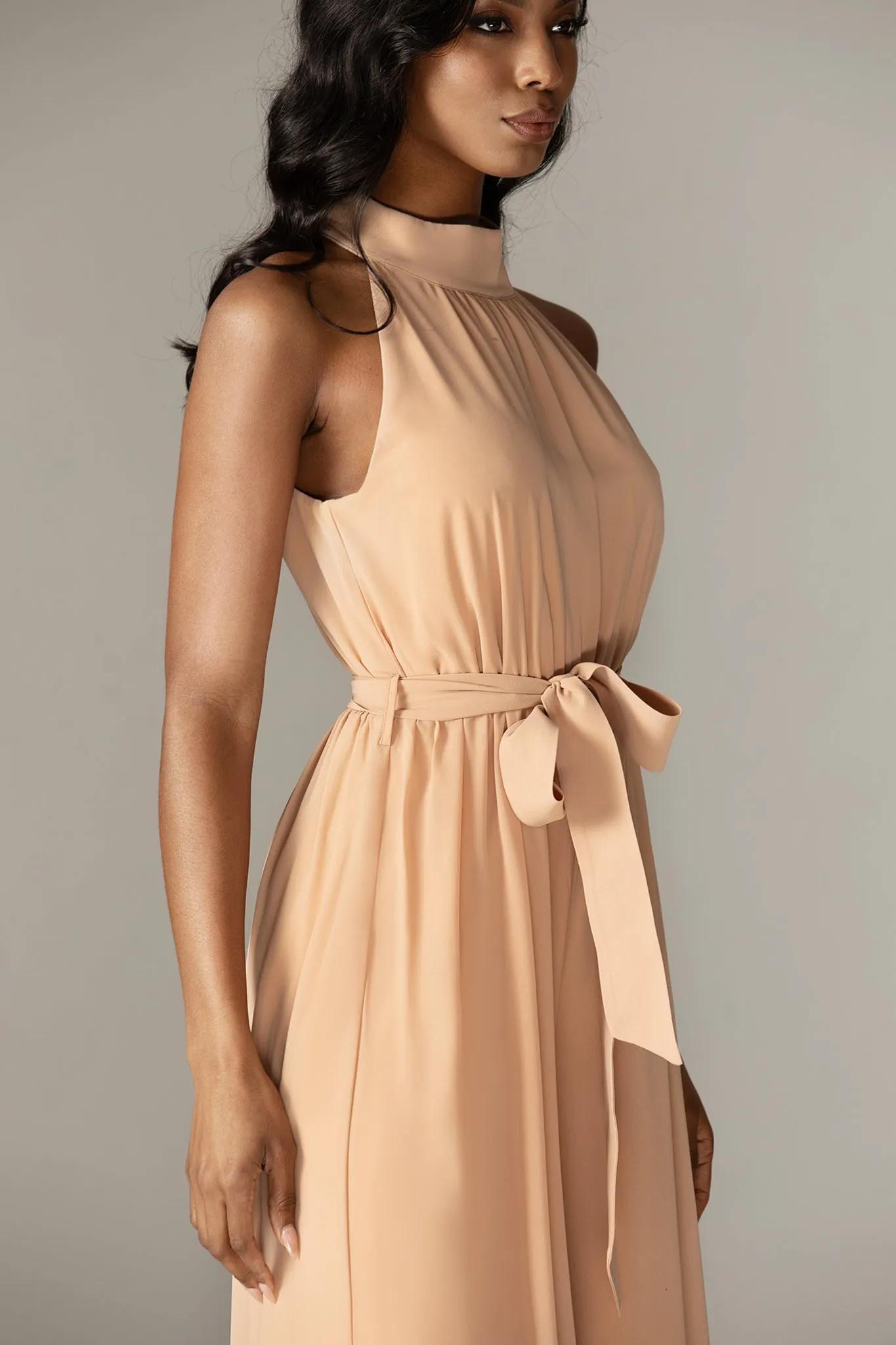 Fadia Chiffon Wide Leg Belted Jumpsuit (Nude)