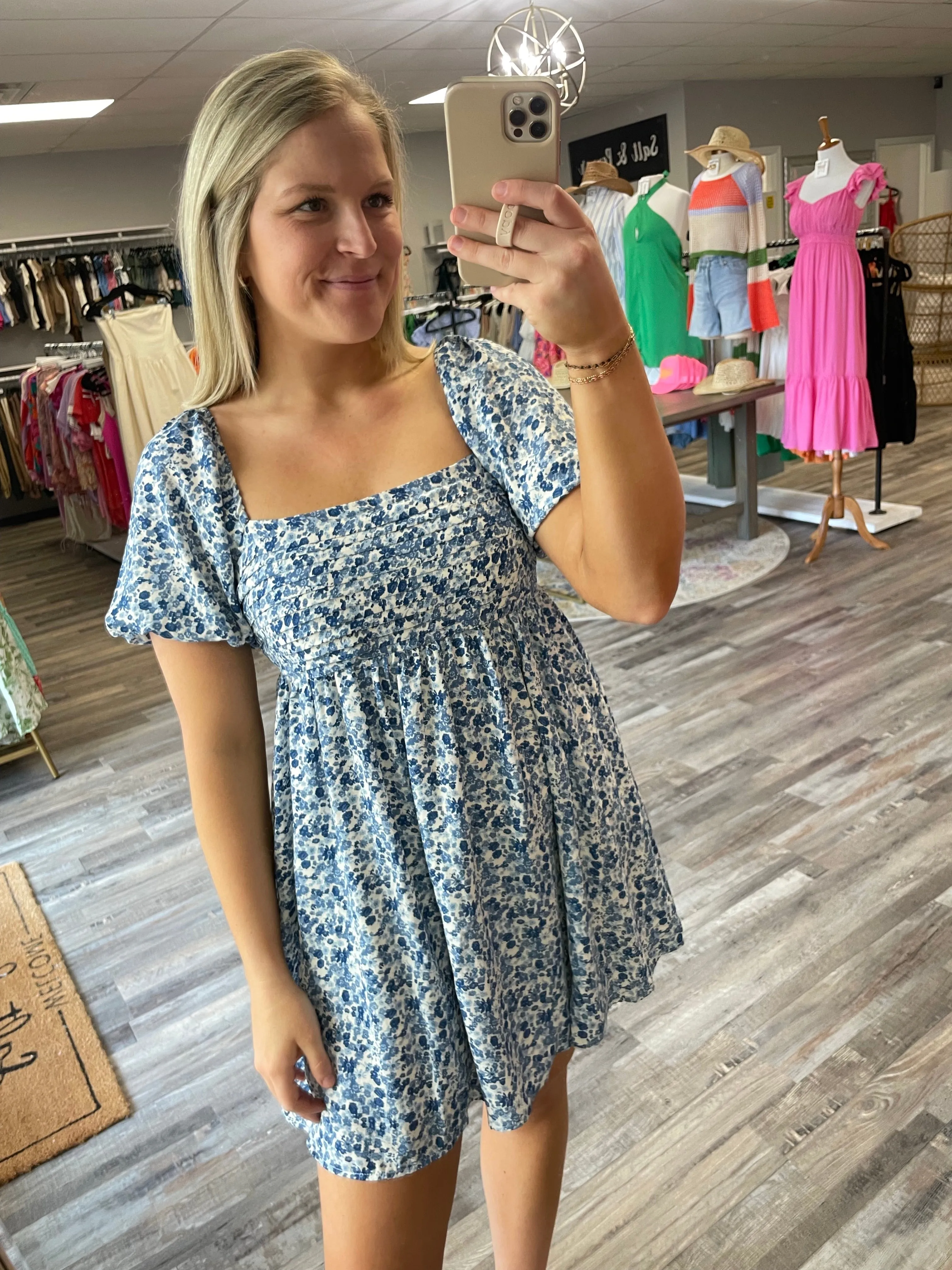 Floral Pleated Babydoll Dress - White/Blue