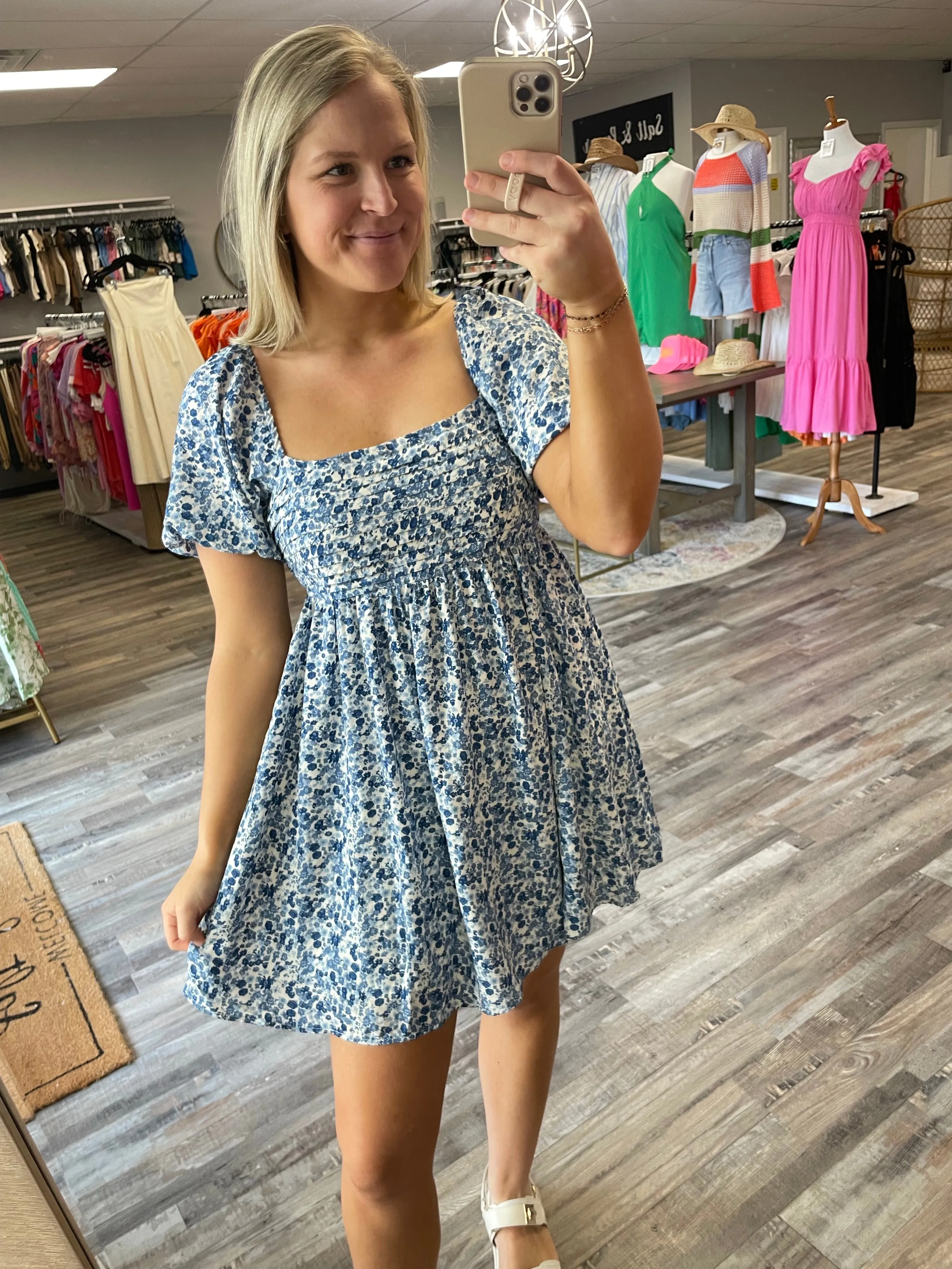 Floral Pleated Babydoll Dress - White/Blue
