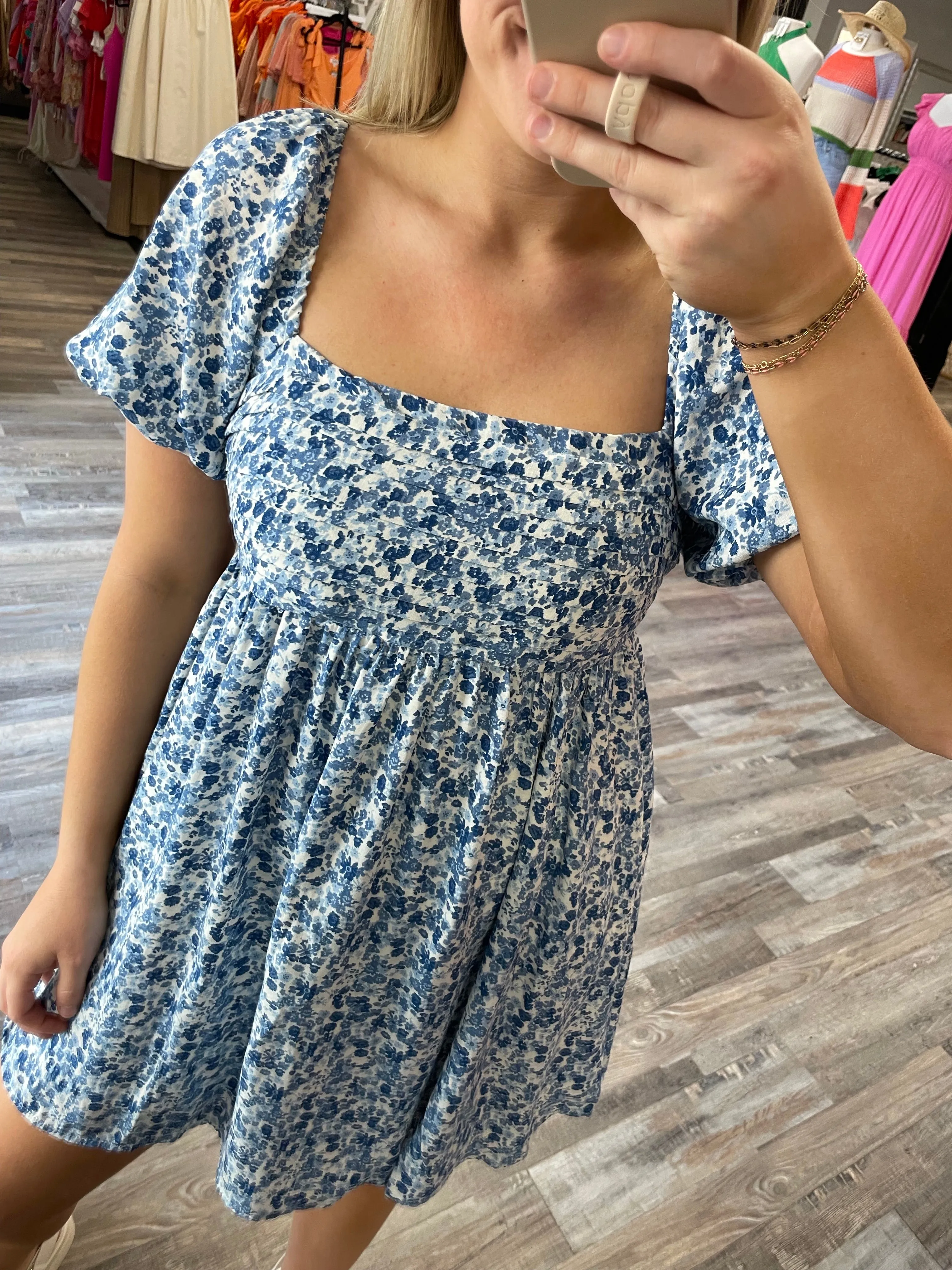 Floral Pleated Babydoll Dress - White/Blue