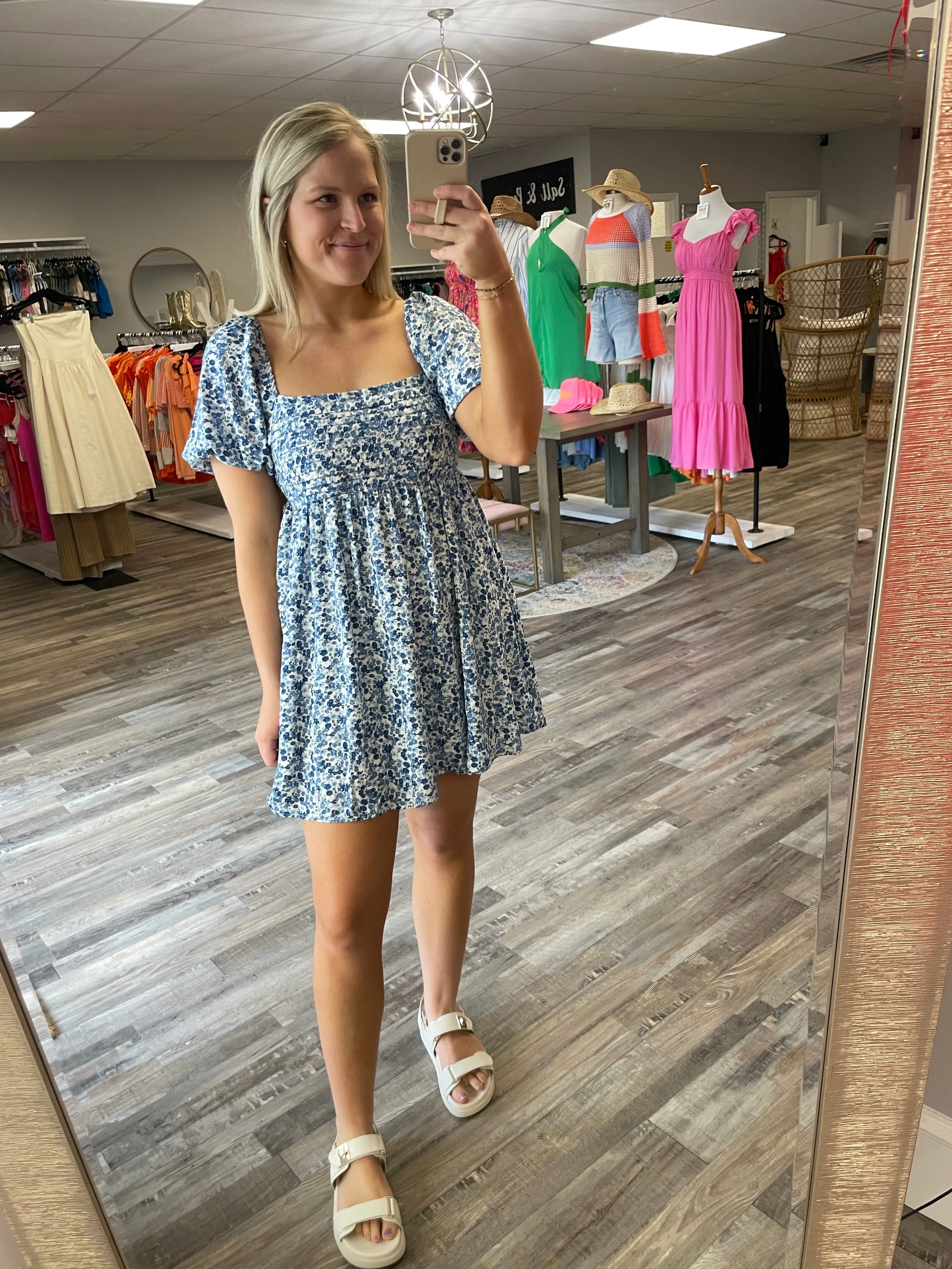 Floral Pleated Babydoll Dress - White/Blue