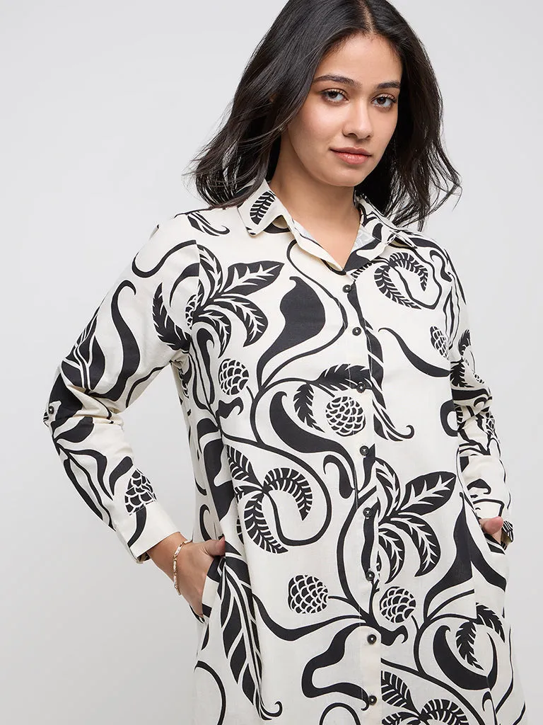 Gia Off-White Botanical Printed Cotton Blend Shirt Dress