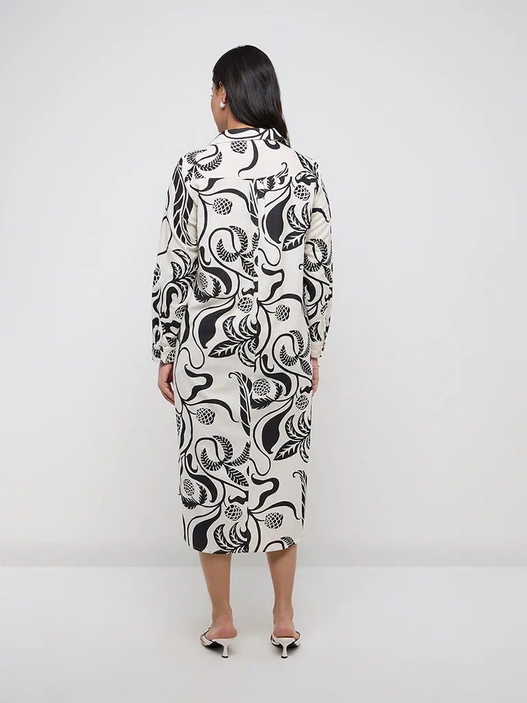 Gia Off-White Botanical Printed Cotton Blend Shirt Dress