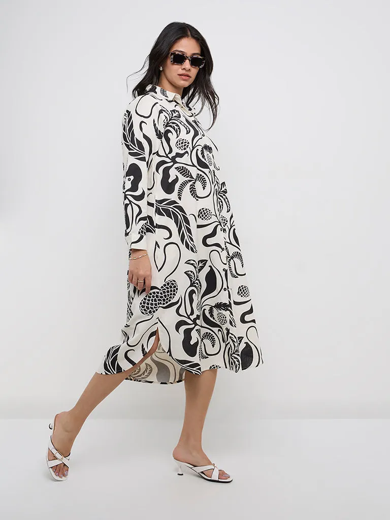Gia Off-White Botanical Printed Cotton Blend Shirt Dress