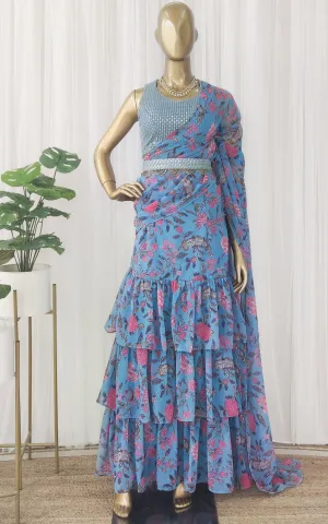Grey Floral Pre-Stitched Ruffle Saree with Embellished Belt