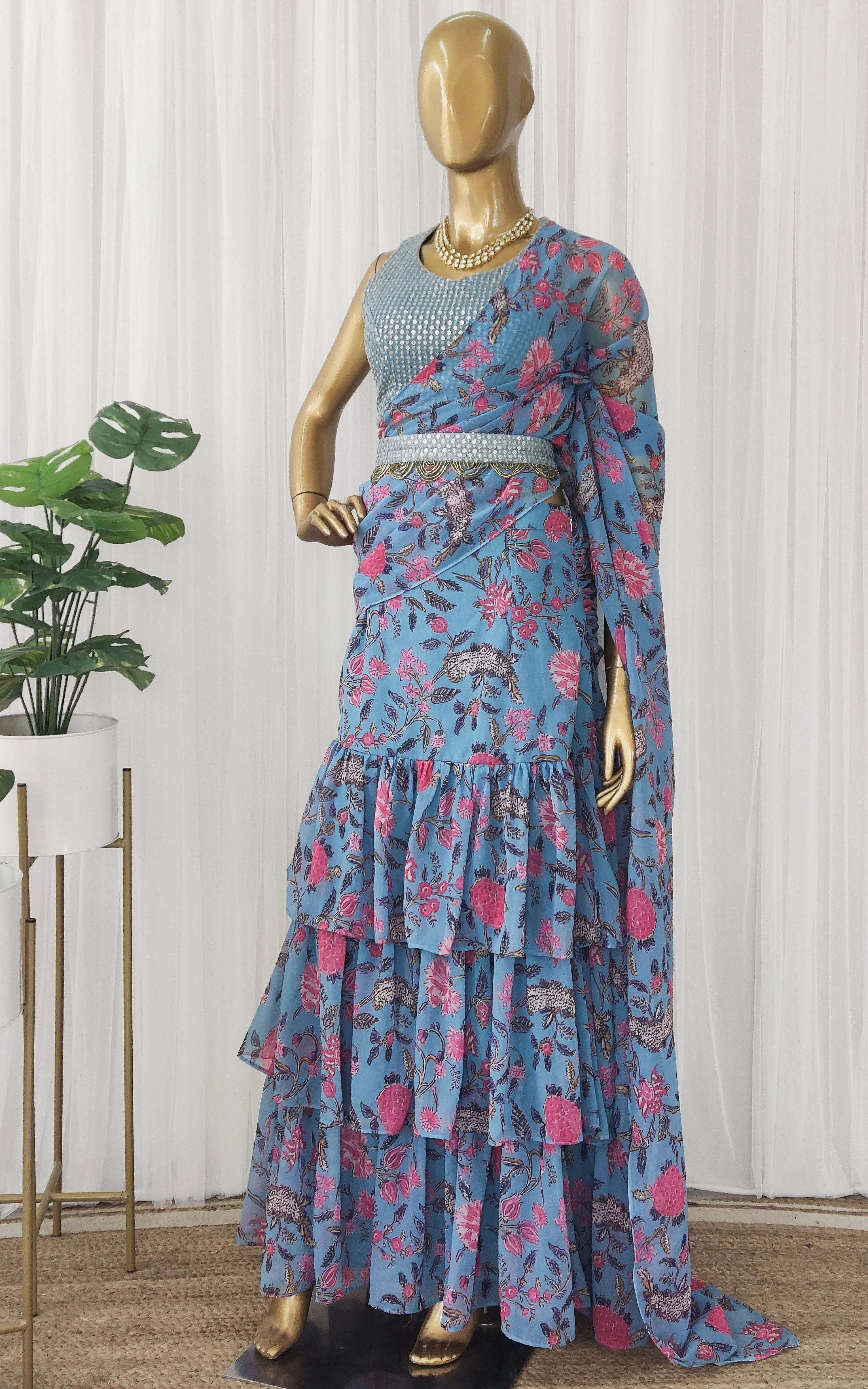 Grey Floral Pre-Stitched Ruffle Saree with Embellished Belt